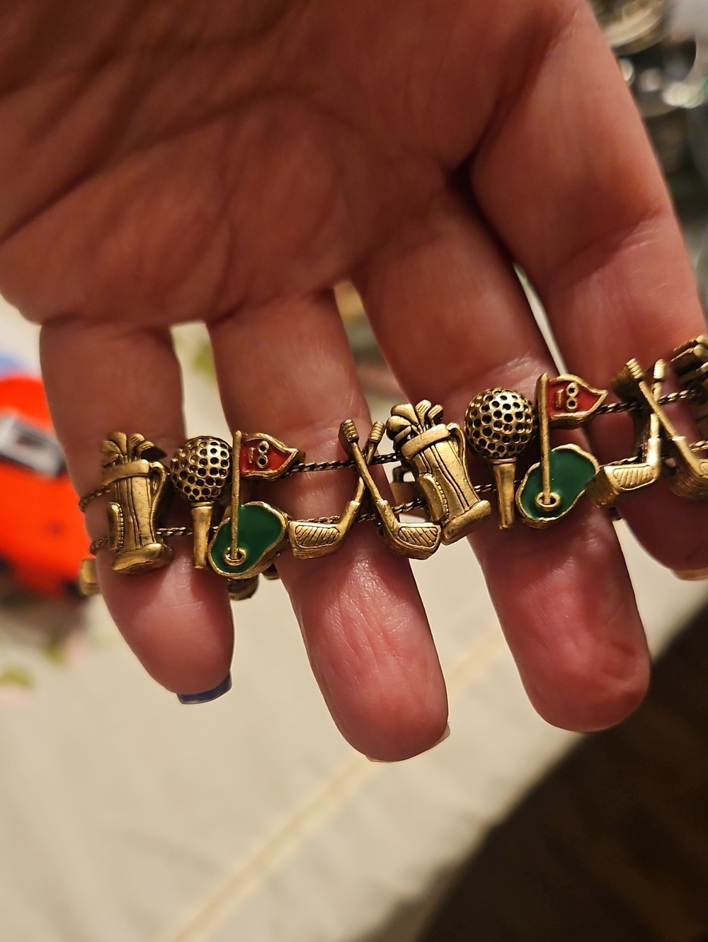 Vintage 70s Goldette Golf Charm Bracelet with Green and Red Enamel